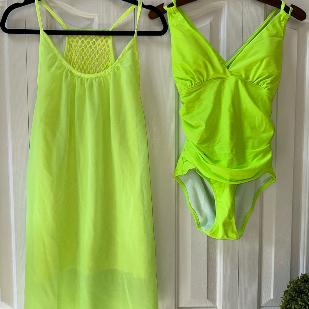 New Neon Green One Piece Swimsuit and Cover Up Medium